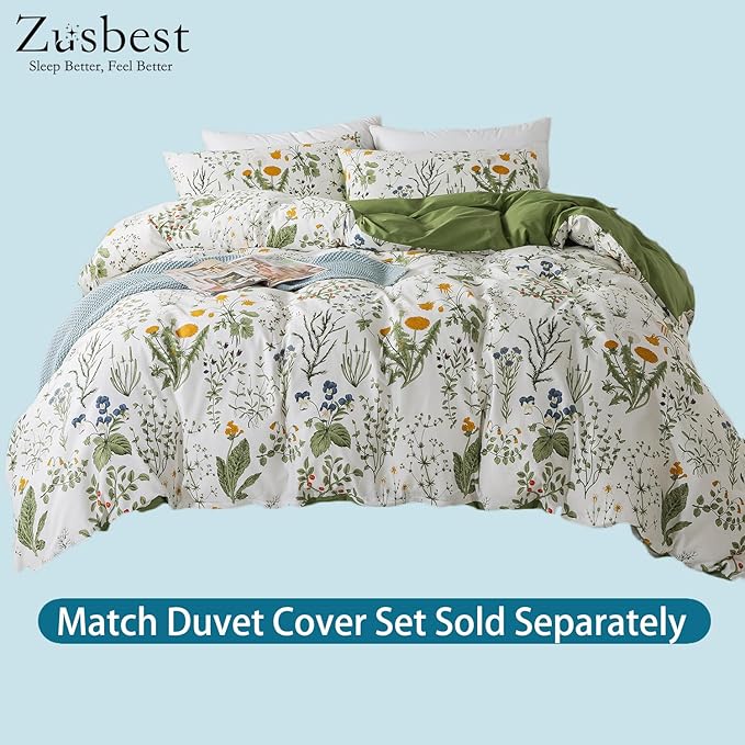 Zusbest California King Size Sheet Sets 100% Percale Cotton Green Floral Bed Sheets Yellow Flower & Green Leaves Botanical Pattern Garden Crisp Soft Deep Pocket Fitted Sheet 17.5'' 4Pcs, Cal King