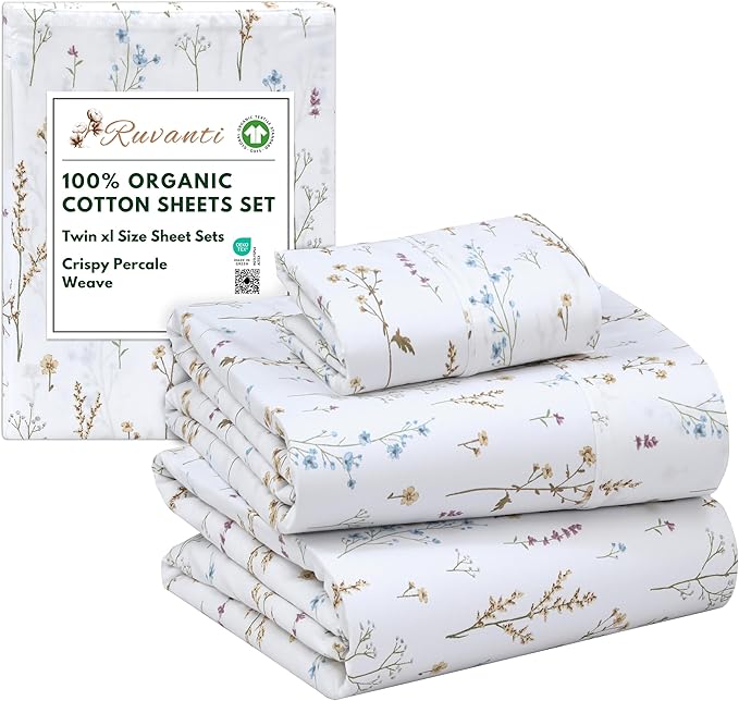 RUVANTI 100% Organic Cotton Sheets Twin XL, Percale Weave, GOTS Certified, 3-Piece Set, Deep Pocket 15", Crisp & Breathable, Soft Durable Bedding, Sábanas Algodón Orgánico – Field Flower