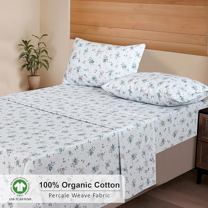 RUVANTI 100% Organic Cotton Sheets King Size, Percale Weave, GOTS Certified, 4-Piece Set, Deep Pocket 15", Crisp & Breathable, Soft Durable Bedding, Sábanas Algodón Orgánico – Halcyon