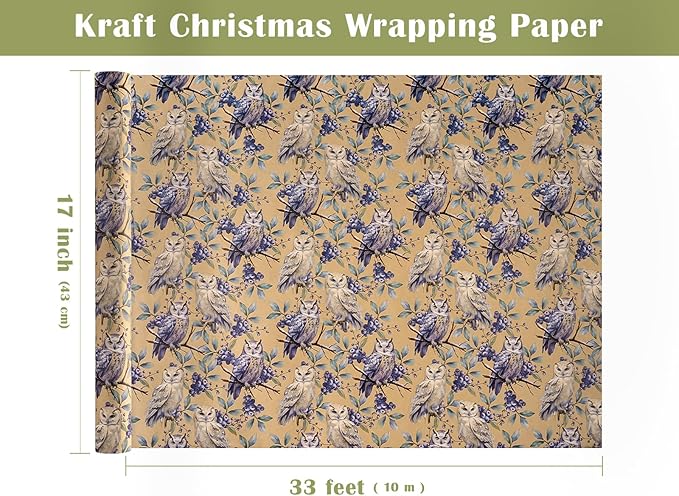 WRAPAHOLIC Kraft Christmas Wrapping Paper - Mini Roll - 17 Inch x 33 Feet - Owl Wrapping Paper Wild Animal Winterfall Watercolor Design for Christmas, Holiday, Party Celebration