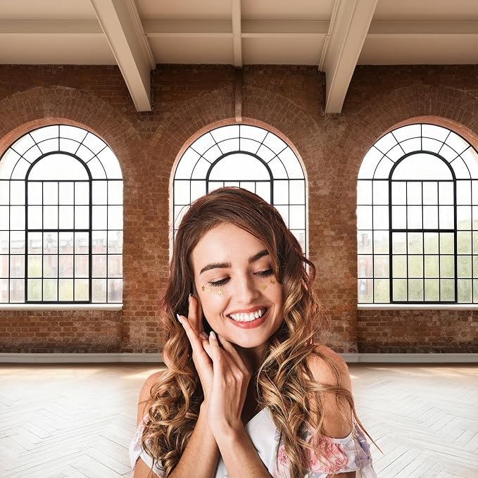 Large Empty Room Backdrop Concrete Walls Wooden Floor with Big Arched Windows Photography Background Empty Loft Style with Brick Wall Photography Decorations Photo Booth Shoot Studio Props 15x8ft