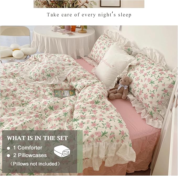 VM VOUGEMARKET White Ruffle Comforter Set Twin Pink Flower Bed Comforter with Ruffle Edge Romantic Princess Style Bedding Set(3pcs,Twin XL)