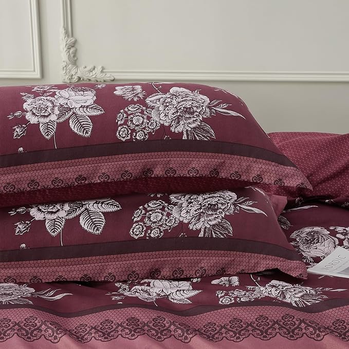 SAPHREAS Red Floral Duvet Cover Set Full Size Retro Style 3pcs Vintage Botanical Flower Microfiber Bedding Set 1 Duvet Cover with Zipper Ties 2 Pillow Shams (No Duvet Insert)