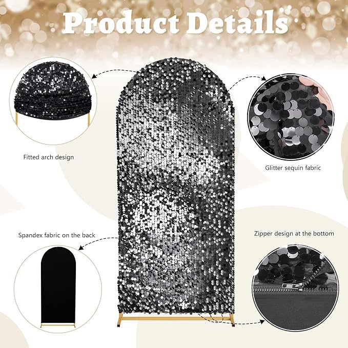 Black Sequin Arch Backdrop Cover: 6FT Party Arch Cover Sparkly Fitted Fabric Arch Covers for Birthday Party Halloween