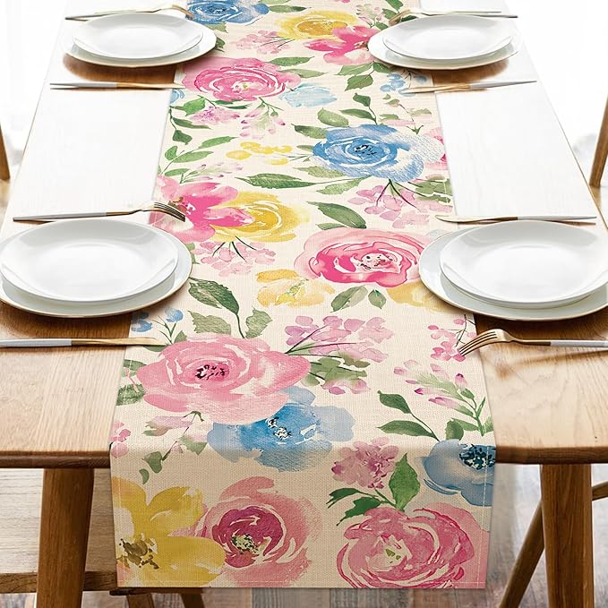 Seliem Spring Summer Watercolor Flower Table Runner, Peony Floral Kitchen Dining Table Decor, Seasonal Burlap Home Decoration Indoor Outdoor Party Supply 13 x 36 Inches