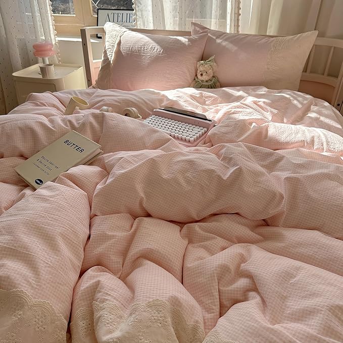 LifeTB Pink Gingham Comforter Set King Fluffy Soft Microfiber Pink Grid Bedding Comforter Romantic Lace Style Farmhouse Gingham Bedding Set Vintage Plaid Checkered Comforter Set for All Seasons