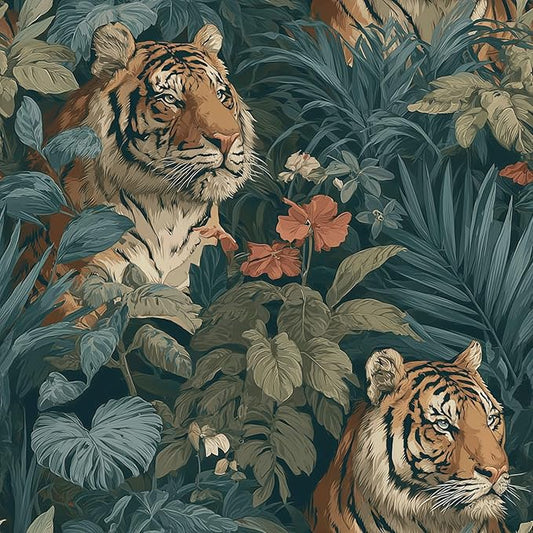 Jungle Peel and Stick Floral Bird Contact Paper Fierce Tiger Removable Botanical Leaf Wallpaper 17.7" x 118.11" Wall Paper Watercolor Self Adhesive for Classroom Bedroom Laundry Room Bathroom