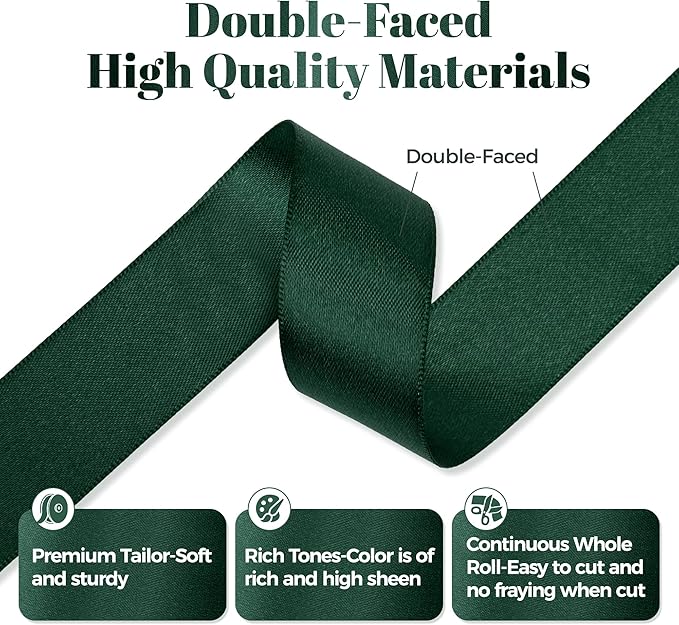 Hunter Green Satin Ribbon, Double Faced 1 Inch X 50 Yards Hunter Green Ribbon, Premium Satin Ribbon for Gift Wrapping, Crafts, Hair Bow Making, Sewing, Flower Bouquet, Wedding Party Decor