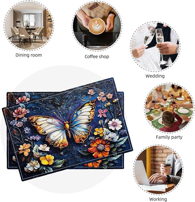 Colorful Butterfly Placemats Set of 4, Spring Place Mats, Florals Dining Table Mats, Rustic Washable Placemats for Kitchen Dining Room Home Decor 18L'' × 12W''