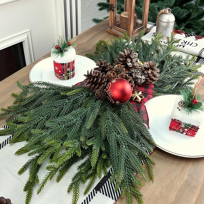 12 Pcs Pine Branches - Real Touch Artificial Pine Stems - Christmas Greenery Picks for DIY Wreaths Garlands Vase Arrangements, Indoor Outdoor Christmas Decor