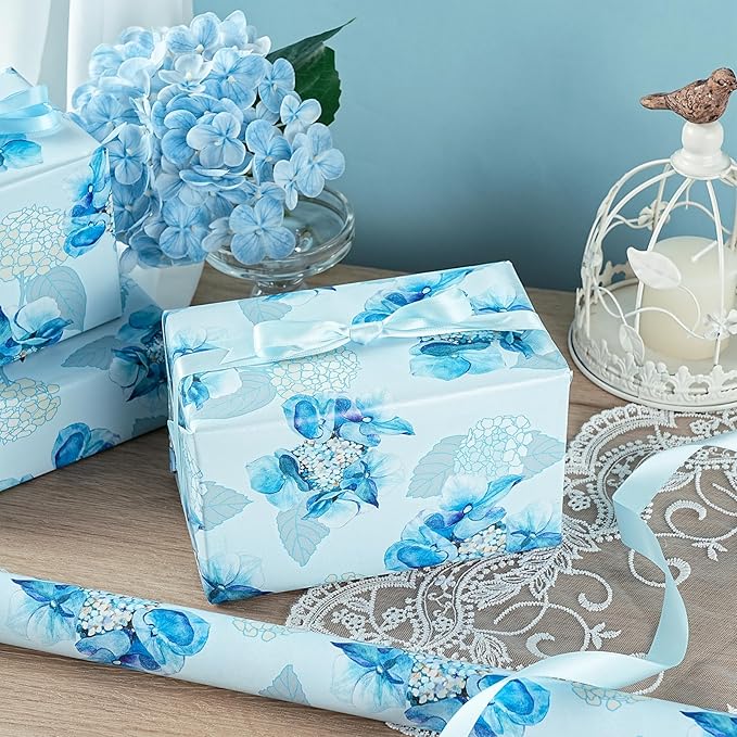 LeZakaa Blue Hydrangea Wrapping Paper Roll, Watercolor Hydrangea Flowers Party Gift Wrap for Wedding, Bridal Shower, Baby Shower, Anniversary, Mother's Day, DIY Bouquet, Mini Roll, 17inches x 16.4Feet
