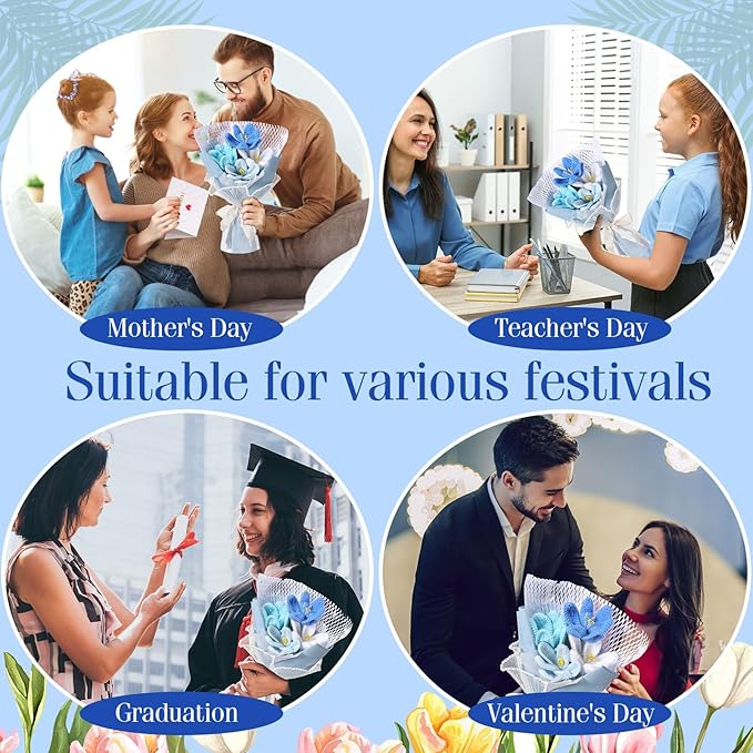 Crochet Flowers Bouquet Gift Christmas Crochet Flower Tulips Completed Handmade Knitted Bouquet with Card for Women Girlfriend Lover Appreciation Gift Birthday Wedding Teacher Decor(Blue)
