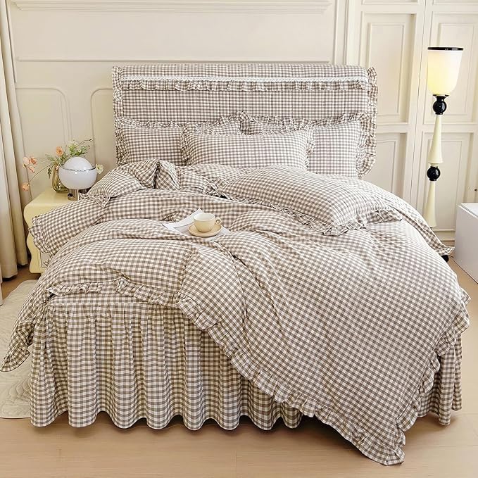 LifeTB Tan Gingham Comforter Set Twin XL Vintage Ruffle Taupe Plaid Checkered Comforter Set 3 Pieces Soft Fluffy Beige Grid Bed Comforter with 2 Pillowcases Farmhouse Gingham Bedding Set