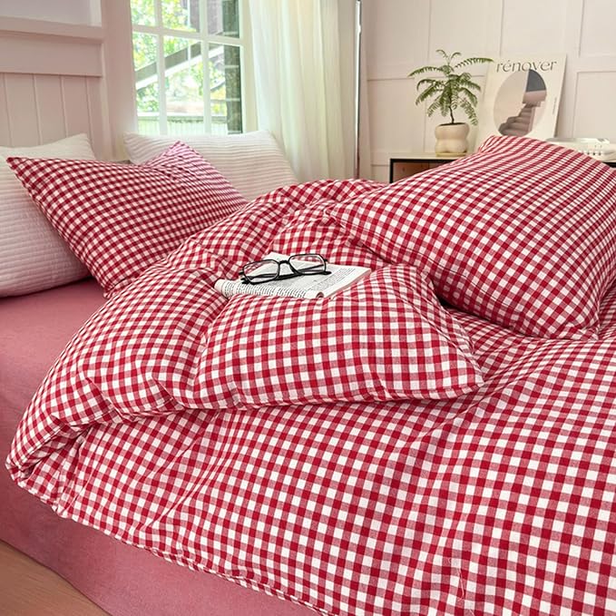 LifeTB Red Gingham Comforter Set King Modern Style Boho Plaid Comforter Set 3 Pieces Soft Fluffy Grid Checkered Pattern Comforter with 2 Pillowcases Farmhouse Gingham Plaid Bedding Set Breathable