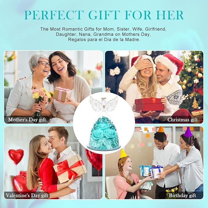 FIACO Preserved Flower Rose Gifts for Women, Forever Eternal Fresh Flowers in Glass Angel Figurines Flowers for Delivery for Grandma Mom Sister Her Wife on Mothers Day Birthday Christmas Thanksgiving