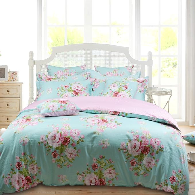 FADFAY Shabby Floral Duvet Cover Set Pink Grid Cotton Farmhouse Bedding with Hidden Zipper Closure 3 Pieces, 1duvet Cover & 2pillowcases,Full Size