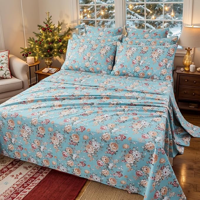 FADFAY Blue Vintage Floral Full Size Sheets Set Premium 100% Cotton Shabby Rose Pattern Cottagecore Bedding Set Deep Pocket Sheets with 2 Pillowcases Luxury Breathable Soft 4Pcs, Full Size