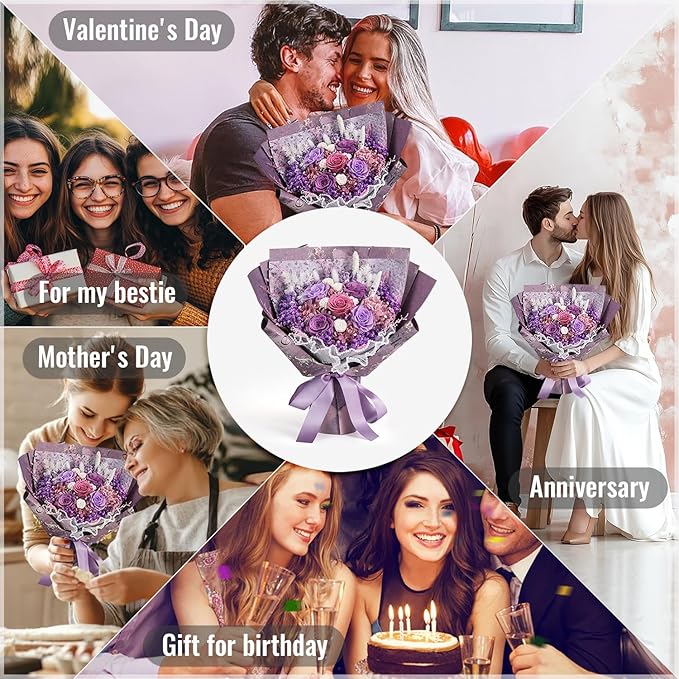 large Preserved flowers Bouquet with Real Roses,Long Lasting flower for delivery prime,Birthday for Women,Wedding,Mother’s Day,Valentine’s Day,Anniversary,Wife,Girlfriend,Christmas Gifts(Purple)