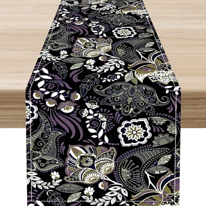 Retro Paisley Table Runner, Rustic Traditional Farmhouse Boho Floral Print Linen Coffee Table Center Decor for Family Kitchen Farmhouse Holiday Party Table Decorations Indoor Outdoor 13x72 inch