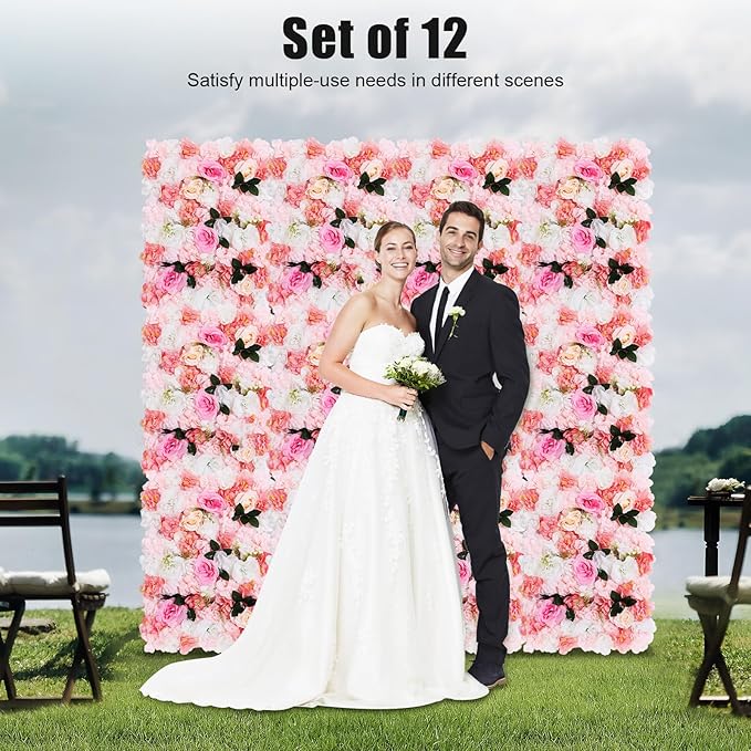 12PCS Flower Wall Panels, 3D Silk Floral Wall Backdrop, Realistic Pink Dahlias Rose Flower Backplanes, Roll Up Fake Flower Background for Valentines Wedding Party Home Decoration