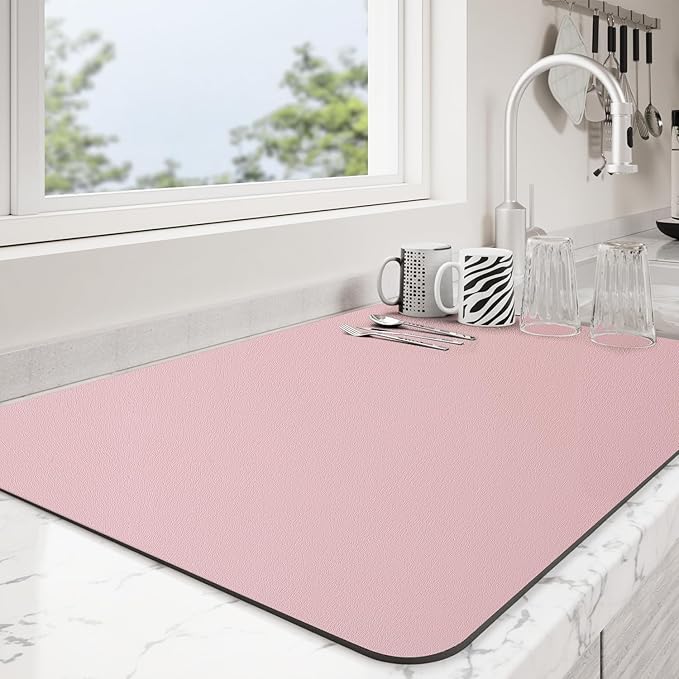 Dish Drying Mat for Kitchen Counter | Coffee Bar Mat for Countertops | Heat Resistant Drainer Mat with Non-slip Rubber Backed | Hide Stain Kitchen Absorbent Draining Mat | Pink 16"x24"