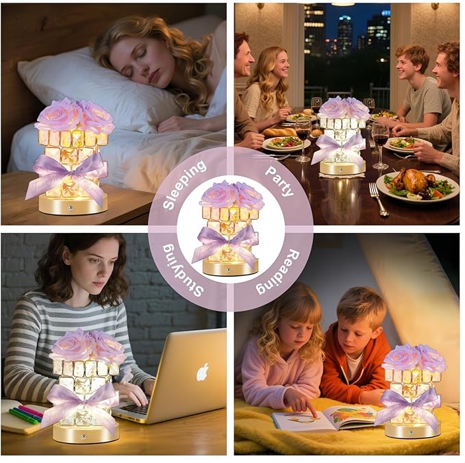 Christmas Gifts for Woman, Touch Crystal Rose Lamp, Elegant Flower lamps, Purple Roses Crystal Lights Base, Purple Nightlight, Gifts for Her, Mom, Wife, Girlfriend, Valentines, Birthday Gifts