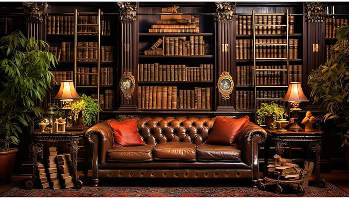 Vintage Luxury Library Bookshelf Backdrop School Library Bookshelf Collection Photography Background Home Office Sofa Business Conversation Room Retro Books Shelves Background Videos Prop 20x10ft