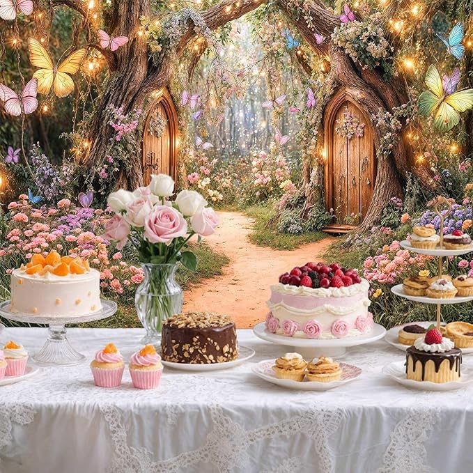 10X8ft Enchanted Forest Backdrop Fairy Tale Magic Garden Wonderland Floral Butterfly Photography Background for Kids Girls Baby Shower Birthday Party Decoration Cake Table Photo Booth Props