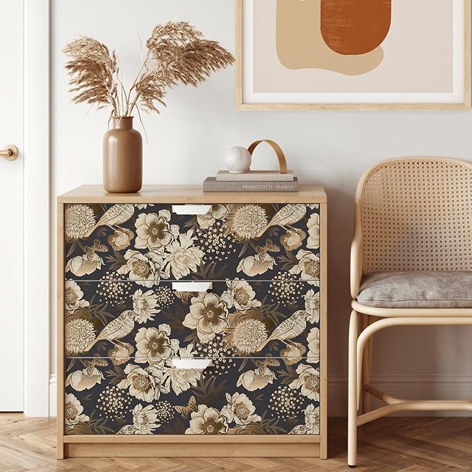 Floral & Birds Peel and Stick Wallpaper Antique Gold Dark Self Adhesive Removable Floral Wallpaper for Bedroom Renter Friendly Floral Contact Paper for Bedroom Bathroom Walls Shelf Liner 17.7"x236.2"