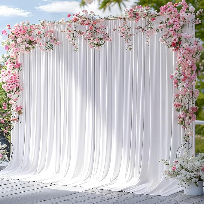 White Backdrop Curtains 10 Panels, 10 Feet Wrinkle-Free Polyester Photography Backdrop Drapes for Wedding Baby Shower Party Background Backdrop Stand- 10FTX40FT