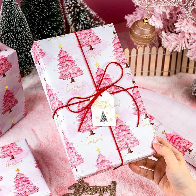 MAYPLUSS Christmas Wrapping Paper Roll, 17IN X 16.5FT Pink Gift Wrapping Paper Featuring Christmas Tree Little Star Reversible Cut Lines for Kids Holiday New Year