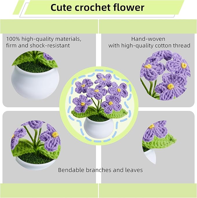 Crochet Flowers Cute Handmade Knitted Potted Flower Plants Gift for Women Female Teacher Birthday Anniversary Valentines Christmas Decor for Car Dashboard Home Room Office Desk Decorations
