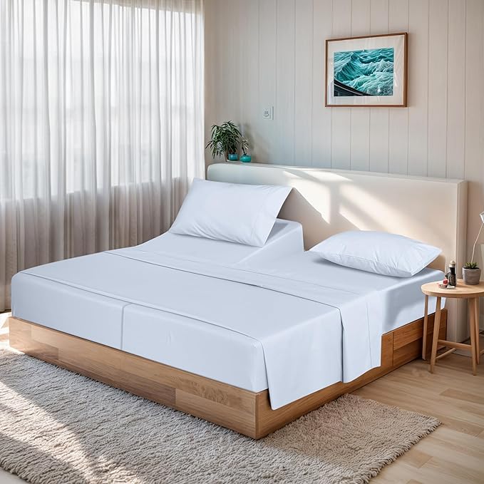 RUVANTI 100% Organic Cotton Sheets Split King, Percale Weave, GOTS Certified, 5-Piece Set, Deep Pocket 15", Crisp & Breathable, Soft Durable Bedding, Sábanas Algodón Orgánico – Arctic Ice