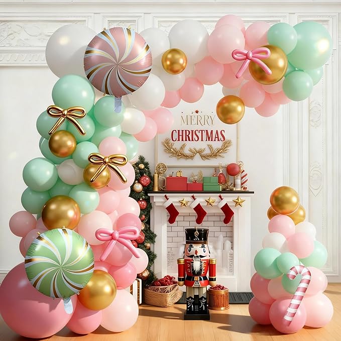 Christmas Decorations Balloons Arch Kit, Pastel Pink Green White Gold Balloons with Star Peppermint Candy Cane Foil Balloon for Christmas Xmas Gingerbread Nutcracker Baby Shower Birthday Party Decor