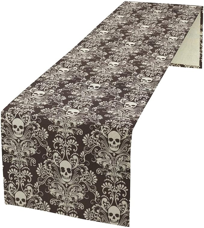 Gothic Table Runner,Damask Skull Victorian Black Floral Boho Table Runner for Home Kitchen Table Dining Garden Farmhouse Wedding Party Decor 13x70 Inch