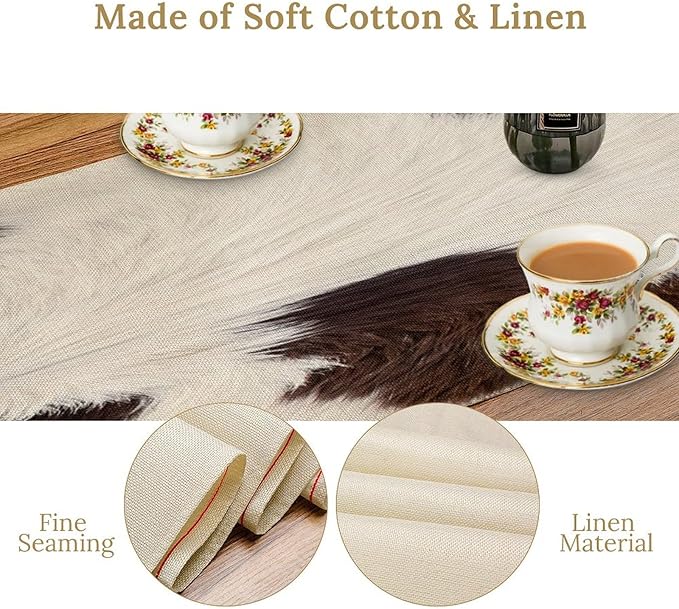 Cow Skin Print Table Runner, Rustic Farmhouse Cottage Country Animal Fur Skin Western Style Brown Cowhide Print Dinner Runner Table Decoration for Home Kitchen Dining 13x70in