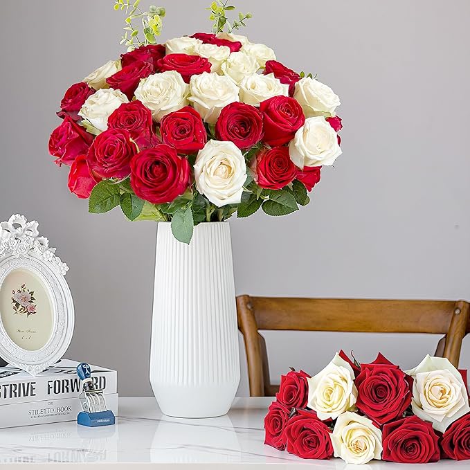 20PCS Artificial Roses with Long Stems - Realistic Silk Flowers, Fake Roses Real Touch Bouquet of Roses for Home Decor, Bridal Wedding Party Table Centerpieces, Bulk Faux Rose Flowers (White Red)