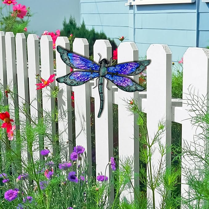 HONGLAND Metal Dragonfly Decor, Dragonfly Outdoor Wall Decor, Metal Wall Art, Wall Sculptures Gifts Hanging Decorations for Garden Yard Home-Blue 14 Inch