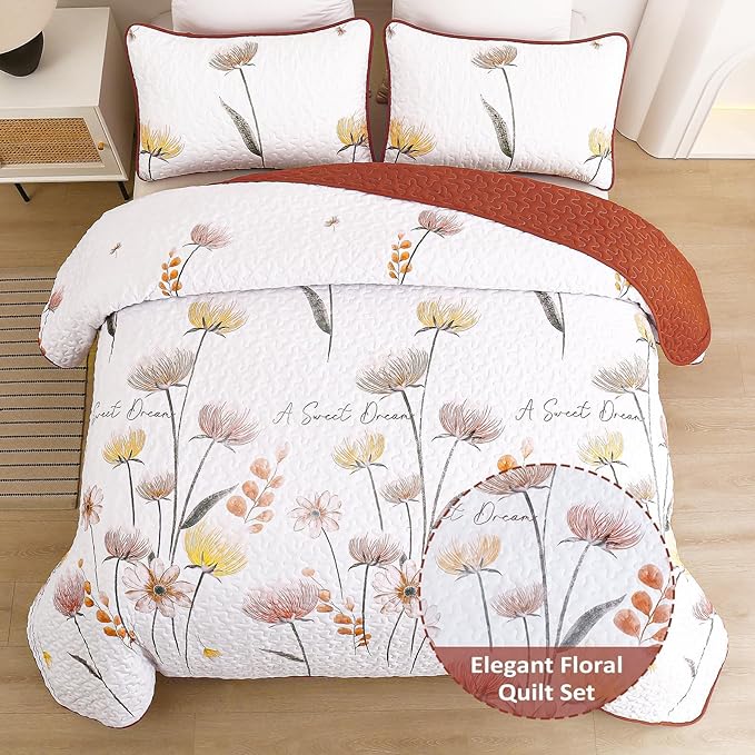 Floral Quilt Set Full/Queen Size,Burnt Orange Bedspread Queen Botanical 3 Pieces Cute Quilts Microfiber Lightweight Flower Coverlet Sets Soft Reversible White Bedding Set for All Season( 96"x90")