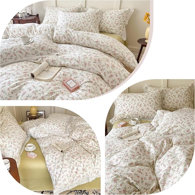 LifeTB Ruffle Duvet Cover Twin 100% Cotton Pink Flower Duvet Cover Girls Princess Lace Bedding Set Vintage Floral Botanical Comforter Cover with Chic White Ruffle Lace Cute Floral Bedding Set Twin
