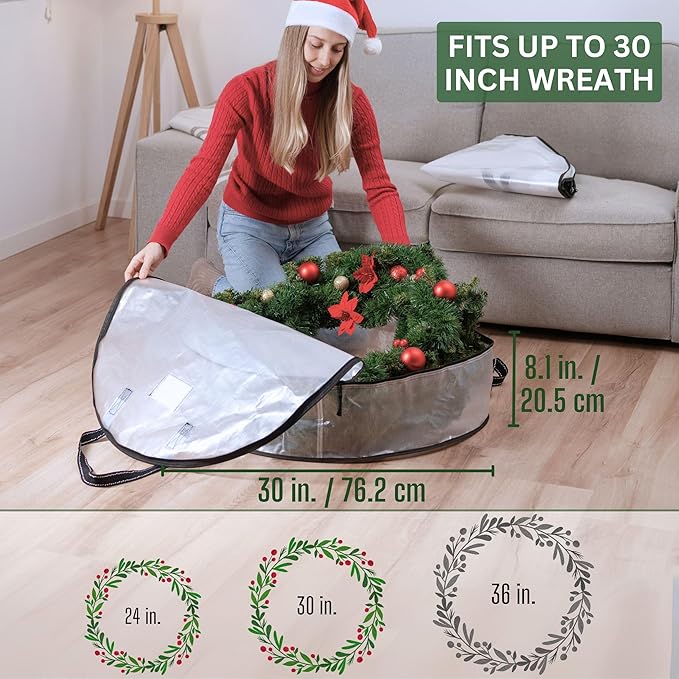 VENO 2 Pack Christmas Wreath Storage Container - 30 Inch Clear Wreath Bag, Christmas Garland and Holiday Decoration Organizers with Zipper and Durable Handles (Clear, 30"-2 Pack)