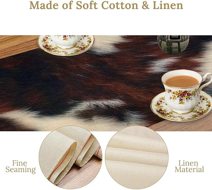 Cow Skin Print Table Runner, Vintage Cottage Country Animal Fur Skin Pattern Western Style Farmhouse Black Brown Cowhide Print Dinner Runner Home Kitchen Dining Table 13x120in