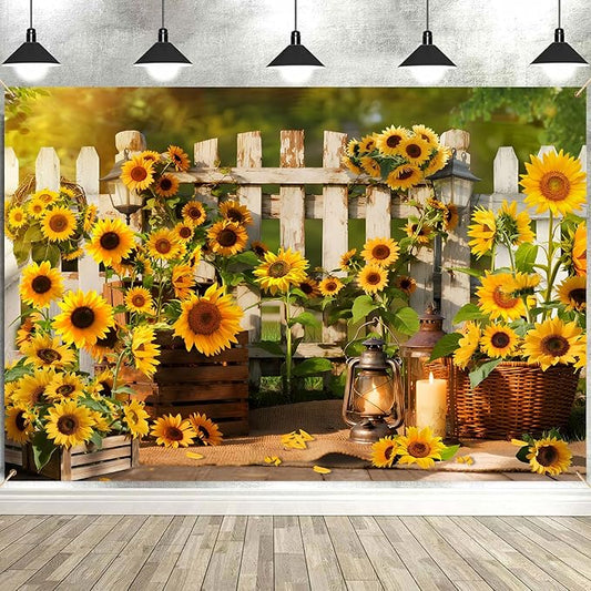 Rustic Sunflowers Backdrop Rustic Wooden Fence Sunflower Floral Photography Background for for Girls Woman Garden Party Banner Decoraitons Portrait Photo Booth Studio Props 9x6ft FU041DX