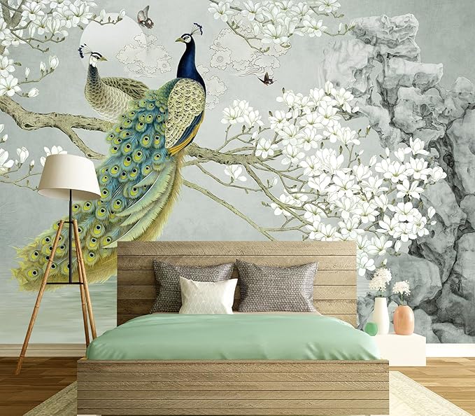 Eierme-Flower Pattern Peacock Illustration Wallpaper Mural Wallpaper Peel and Stick 137" x 102"