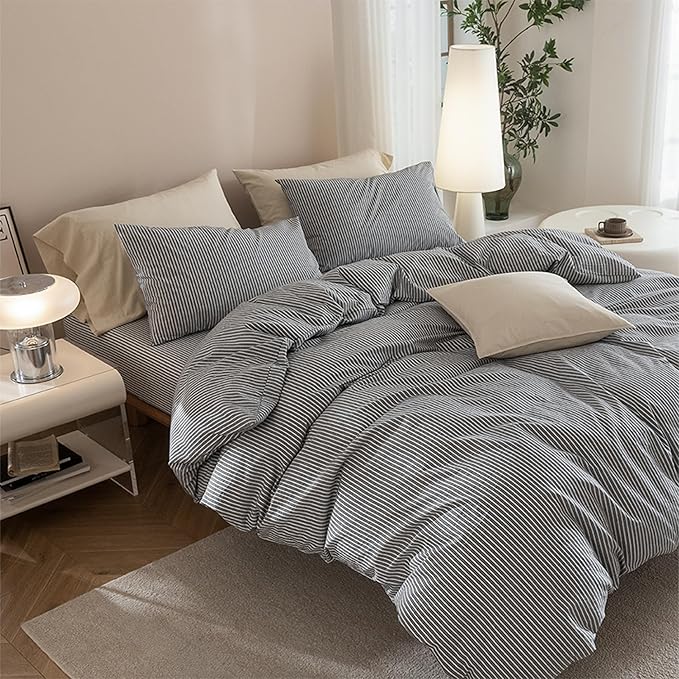 JIYUAN 100% Washed Cotton Striped Duvet Cover Set 3 Pieces Queen, 1 Duvet Cover and 2 Pillowcases(Comforter Not Included),Linen Like Comfy and Breathable,Pinstripes-Heathered Dark Grey White