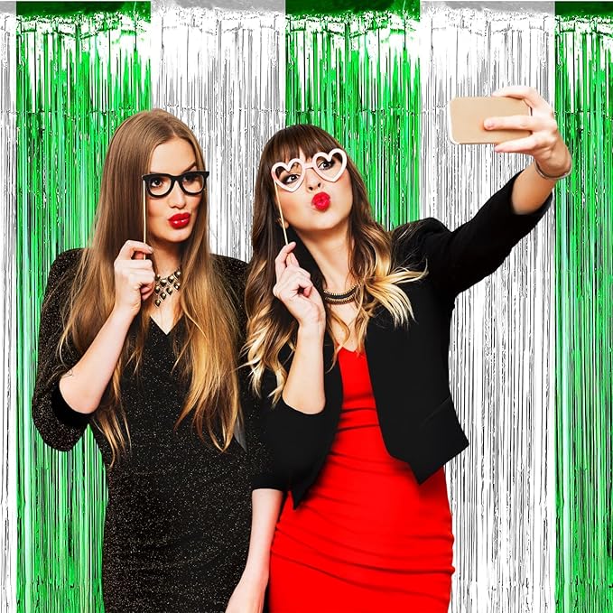 4 Pack Foil Fringe Curtain Backdrop, 3.28Ft x 8.2Ft Metallic Tinsel Foil Fringe Streamers Curtain for Photo Booth, Wedding, Mardi Gras Birthday Carnival St Patrick Day Party Decoration (Silver Green)
