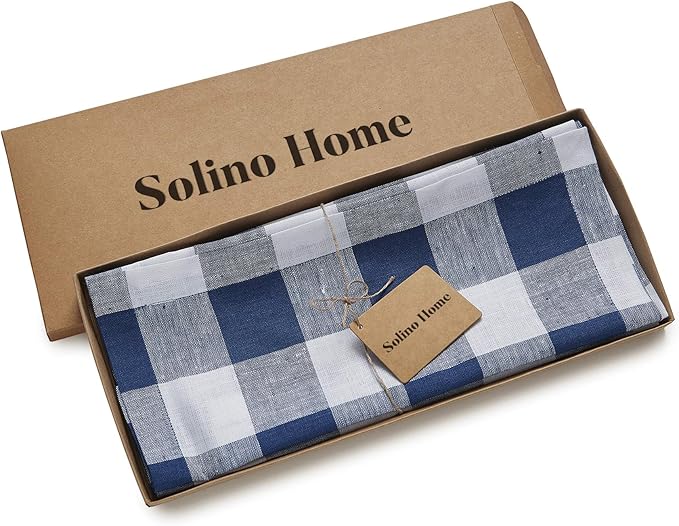 Solino Home Linen Checkered Table Runner 48 Inches - 100% Pure Linen Blue and White Buffalo Check Table Runner 14 x 48 Inch Ideal for Dresser and Coffee Tables - Winter, Spring, Easter