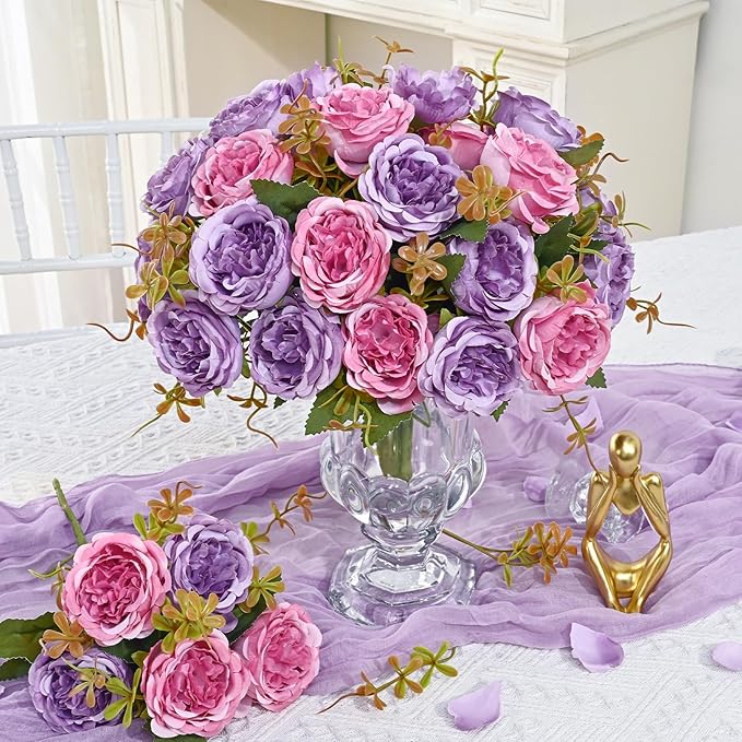 MARTINE MALL 2 Packs Peonies Artificial Flowers, Dark Pinkish-Purple Artificial Peonies, Silk Peonies Flowers Fake Peonies Artificial Flowers Peonies Bouquet for Centerpiece Table Wedding Home Decor