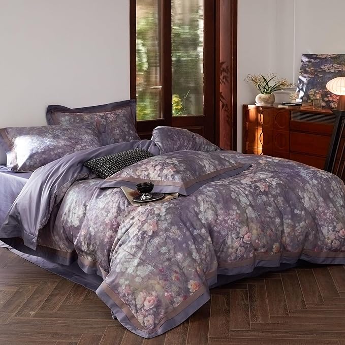 VM VOUGEMARKET Garden Flower Bedding Set King Smooth Long Staple Cotton Duvet Cover with Purple Floral Pattern Vintage Cottage Botanical Comforter Cover for Spring Summer