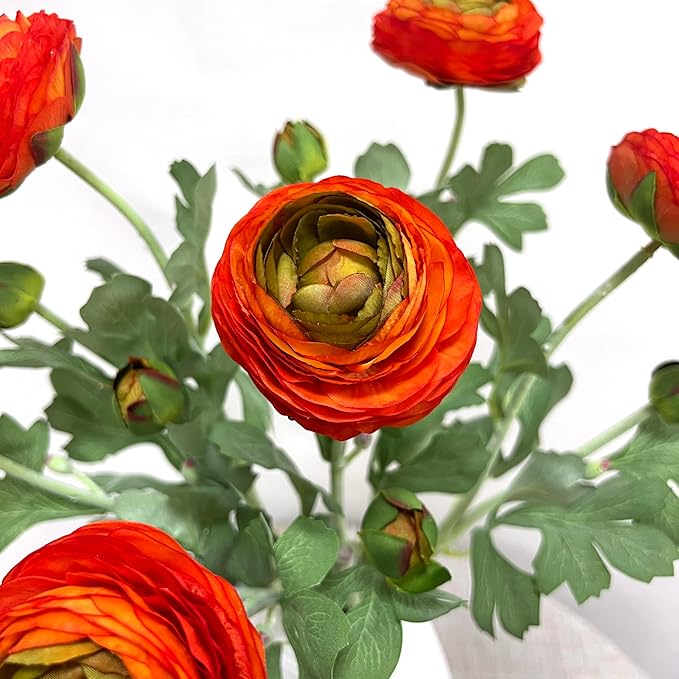ATFL Orange red Ranunculus Artificial Flowers,6 Pcs Artificial Faux Silk Ranunculus Flowers with Real Touch Stems,Fake Peony Flowers for Floral Arrangements DIY Wedding Bouquet Party Table Home Decor